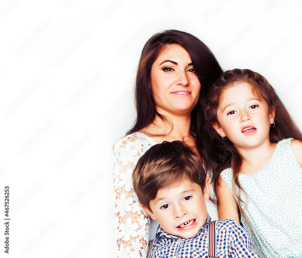 young mother with two children posing cheerful on white background, happy smiling family inside young mother with two children posing cheerful on white background, happy smiling family inside