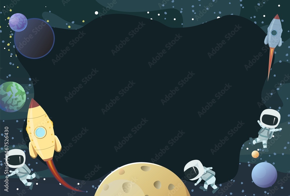 Naklejka premium Astronauts in spacesuits. Rocket. Cosmos background. Childrens illustration. Starry sky landscape. Dark colors. Flat style. Cartoon design. Vector