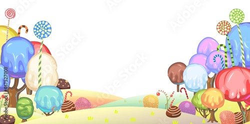Candy background. Cartoon sweet land. Beads of jelly, ice cream and caramel. Chocolate. Cute childrens fairy landscape. Isolated fantastic illustration. Vector photo