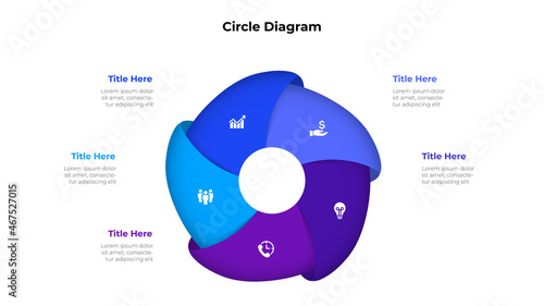 Cycle diagram with 5 options or steps. Slide for business presentation. Circle abstract element divided into five parts