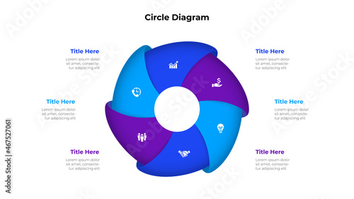Cycle diagram with 6 options or steps. Slide for business presentation. Circle abstract element divided into six parts