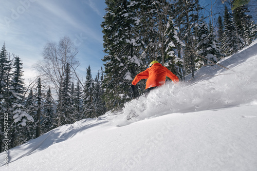 Snowboarder riding on a snowy mountainside in dense forest