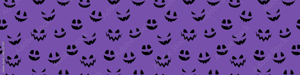 Halloween banner with funny pumpkin lantern face. Seamless texture. Vector