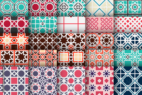 Seamless patterns with geometric ornaments. Vector set of arabic seamless textures