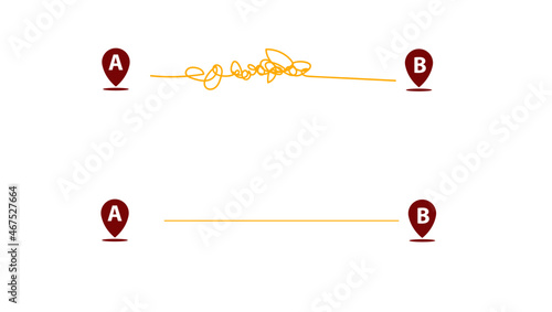 Conceptual diagram showing the importance of finding the shortest route from city A to city B. Concept of chaos simplification, problem solving and business solution.
business and finance concept.