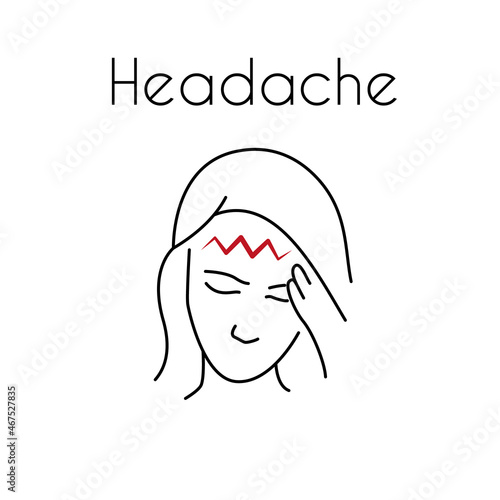 Headache linear icon. Vector abstract minimal illustration of asian girl with red zigzag on the head suffers from headache. Design template for medicine or therapy for headache