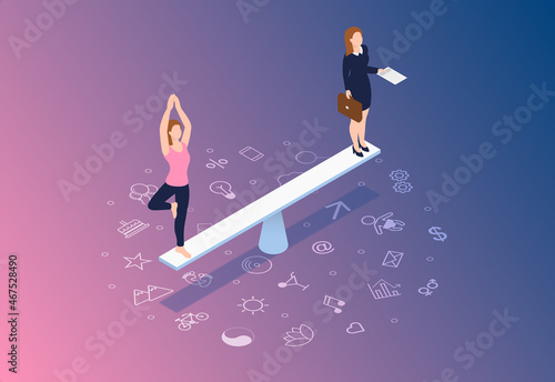 Obraz na plátně Work Life Balance Concept - Woman Trying to Balance Her Life with Her Work - 3D