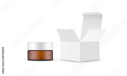 Plastic Amber Cosmetic Jar, Square Box Mockup with Opened Lid, Side View, Isolated on White Background. Vector Illustration