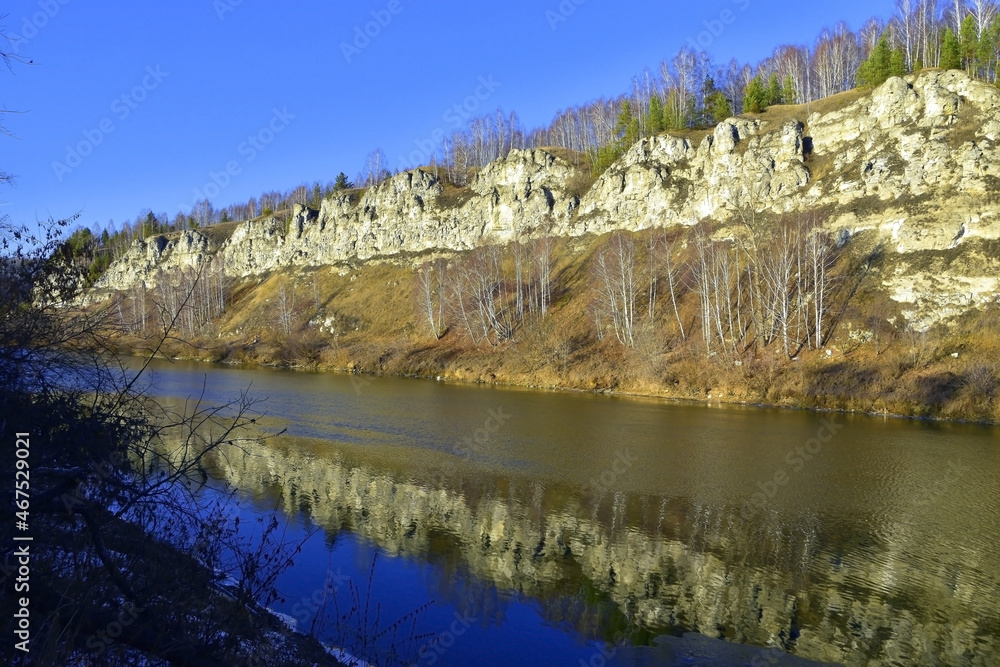 White podkamennaya mountain on the right bank of the Sylva river in late autumn White podkamennaya mountain on the right bank of the Sylva river in late autumn