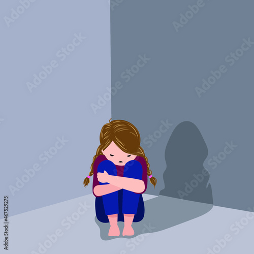 Sad little girl sitting on floor. Child abuse, violence against children concept design.