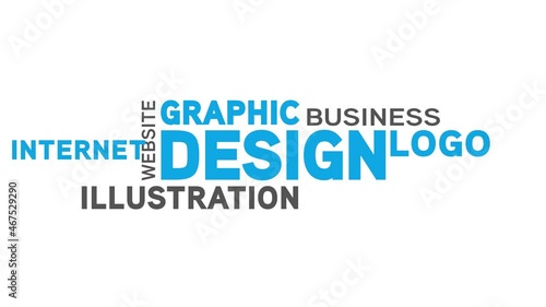 Graphic design motion - kinetic typography with blue and grey words on white background.