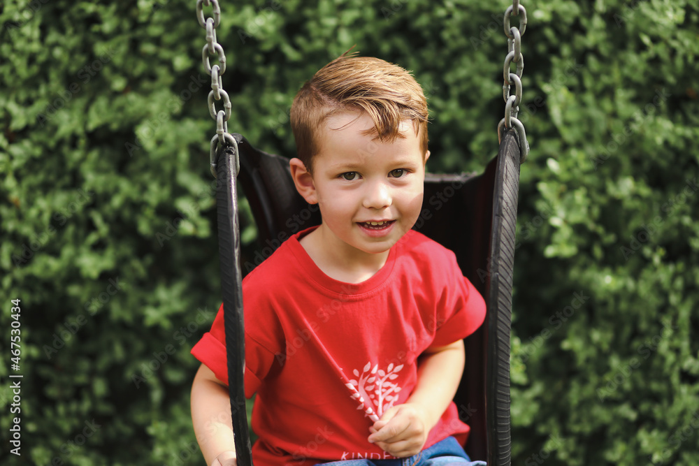 Cute little boy playing on backyard swing Cute little boy playing on backyard swing