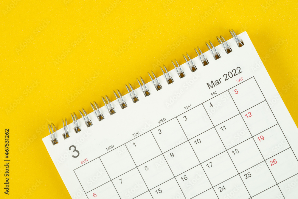 March month, Calendar desk 2022 for organizer to planning and reminder on yellow background. March month, Calendar desk 2022 for organizer to planning and reminder on yellow background.
