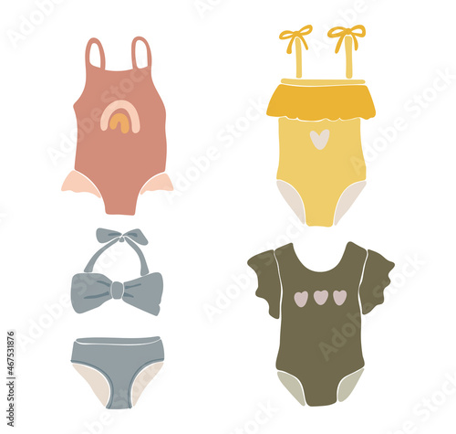 Abstract baby swimsuit set vector, Summer baby clothes set, Baby clothes illustration, Summer pool party collection