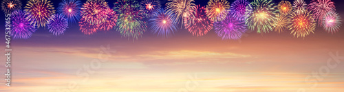 Amazing Beautiful firework on sky cloud background for celebration anniversary merry christmas eve and happy new year