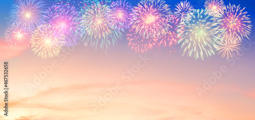 Amazing Beautiful firework on sky cloud background for celebration anniversary merry christmas eve and happy new year