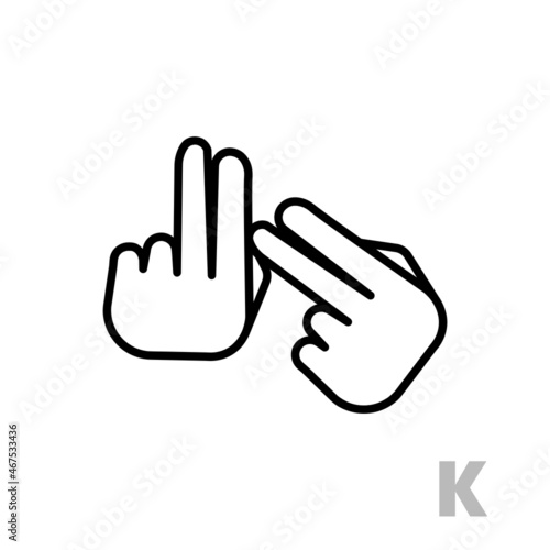 Letter K Universal and handicapped hand alphabet letter. Simple clear linear letter K, hand language. Learning the alphabet, non-verbal deaf-mute communication, expressive gestures vector.