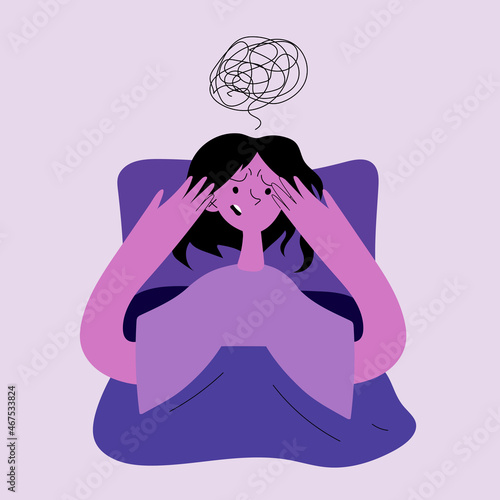 The girl is upset and angry because her thoughts do not allow her to fall asleep. Insomnia due to obsessive thoughts. Flat purple vector illustration