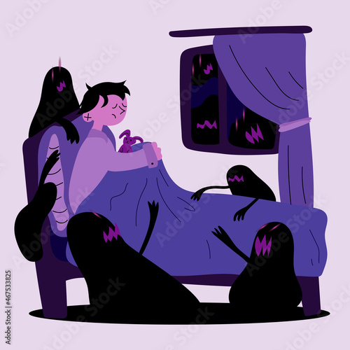 The child cannot sleep because of the fear of the dark. Monsters surround the child in the purple bedroom. Vector flat illustration