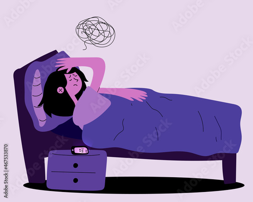 The girl is upset because of her insomnia. Depressed mood and apathy from being unable to sleep at night. Flat purple vector illustration