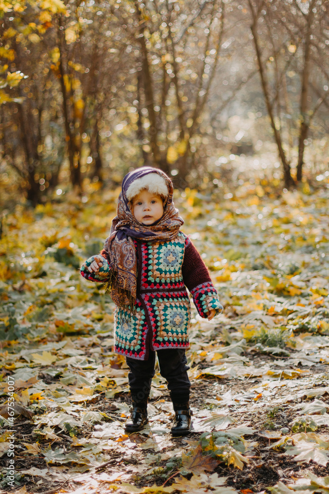 Little girl stand in autumn forest Little girl stand in autumn forest