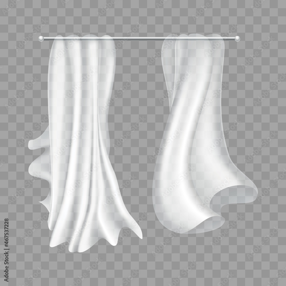 Flying curtains. Smooth chiffon cloths isolated on transparent background. Realistic silk material with folds smooth waving on breeze. Realistic clear material for window home decoration Flying curtains. Smooth chiffon cloths isolated on transparent background. Realistic silk material with folds smooth waving on breeze. Realistic clear material for window home decoration