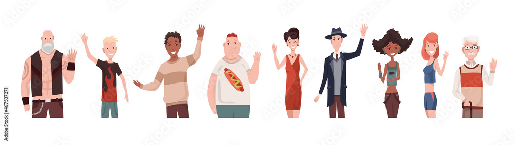 Greeting gesture of multinational mens and womens waving their hands. Different nations representatives waving hand. Men and women in casual clothes say hello Greeting gesture of multinational mens and womens waving their hands. Different nations representatives waving hand. Men and women in casual clothes say hello