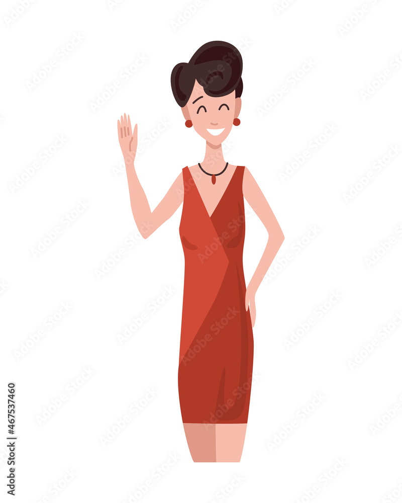 Greeting gesture of woman waving her hand. Character in casual clothes say hello. Nation representative greets you with a smile on his face Greeting gesture of woman waving her hand. Character in casual clothes say hello. Nation representative greets you with a smile on his face