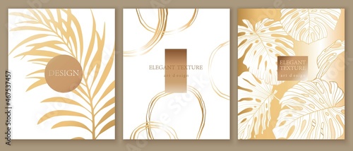 Tropical cover design set with golden palm, monstera leaves. Gold exotic pattern for wedding card, poster print.