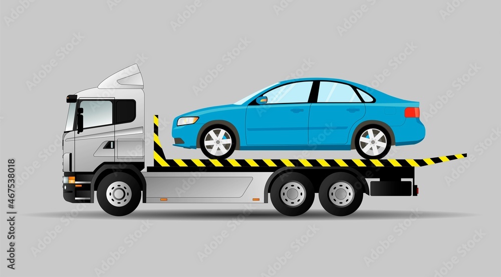 Naklejka premium Image of a tow truck with a car on it. Transportation of a faulty car. Vector illustration.