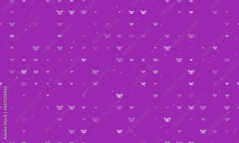 Seamless background pattern of evenly spaced white homosexual symbols of different sizes and opacity. Vector illustration on purple background with stars