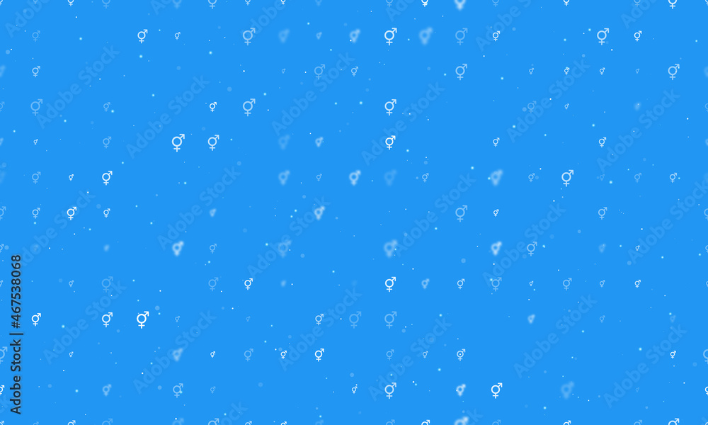 Seamless background pattern of evenly spaced white bigender symbols of different sizes and opacity. Vector illustration on blue background with stars Seamless background pattern of evenly spaced white bigender symbols of different sizes and opacity. Vector illustration on blue background with stars