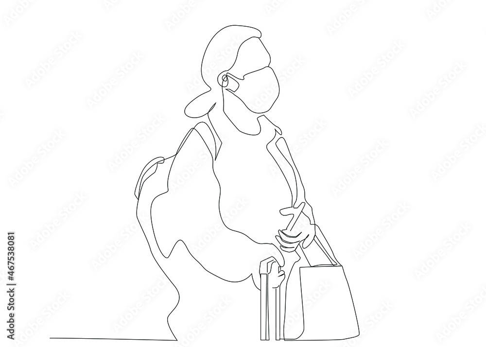 masked woman waiting with travel bag and backpack masked woman waiting with travel bag and backpack