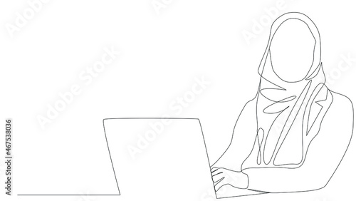 muslim woman in hijab using computer laptop concept drawing style