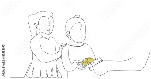 parent giving food on plate to teach children the value of sharing. teacher trying to teach kindergarten to share social values