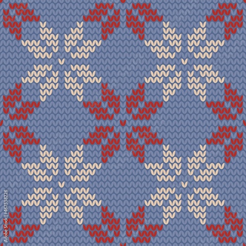 Tile knitting blue, red and white vector pattern or winter background