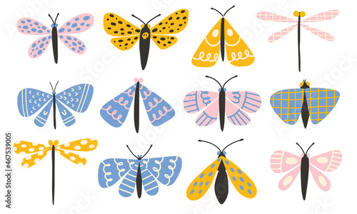 Butterfly, moth and dragonfly set. Cute doodle hand drawn insects in trendy pastel colors. Sweet funny scandinavian butterflies for kids. Delicate and trendy design.
