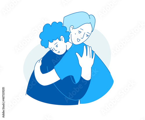 Children line vector illustration. Mother hug son boy