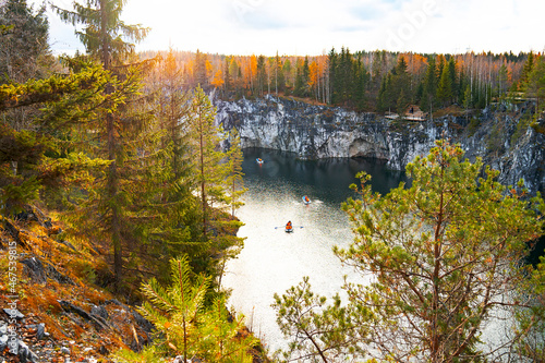In Russia Marble Canyon, Republic of Karelia. Natural landscapes, Ruskeala landscape, golden autumn photo