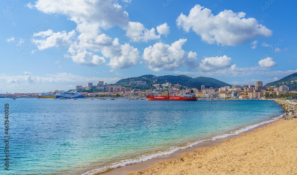Landscape with plage du Ricanto in Ajaccio, Corsica island, France