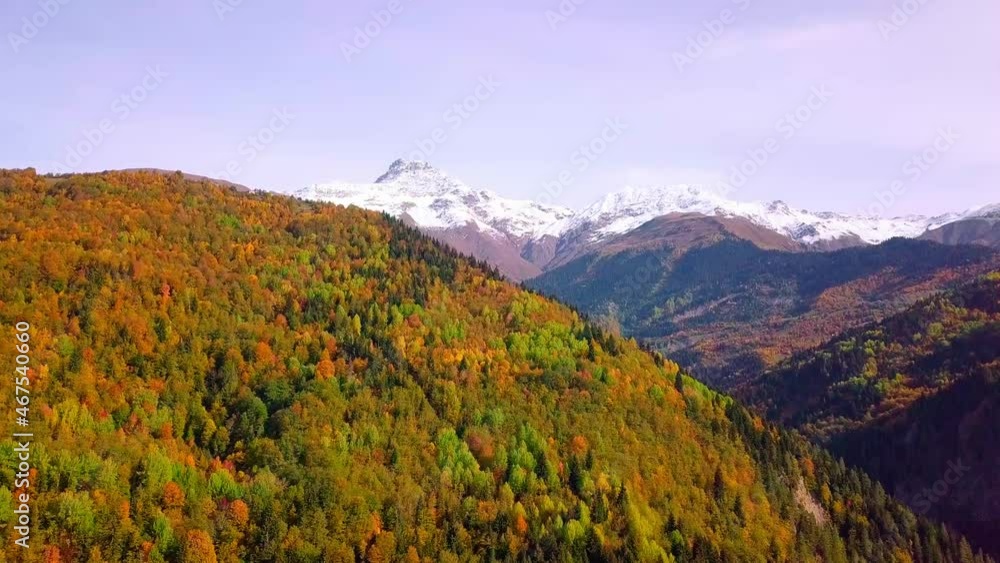 Epic aerial drone flight over mountains in autumn, sunset, colorful autumn trees, snow-capped mountain top. Georgia, Svaneti region. Yellow, red and green leaves on trees. Colorful leaves in mountains Epic aerial drone flight over mountains in autumn, sunset, colorful autumn trees, snow-capped mountain top. Georgia, Svaneti region. Yellow, red and green leaves on trees. Colorful leaves in mountains