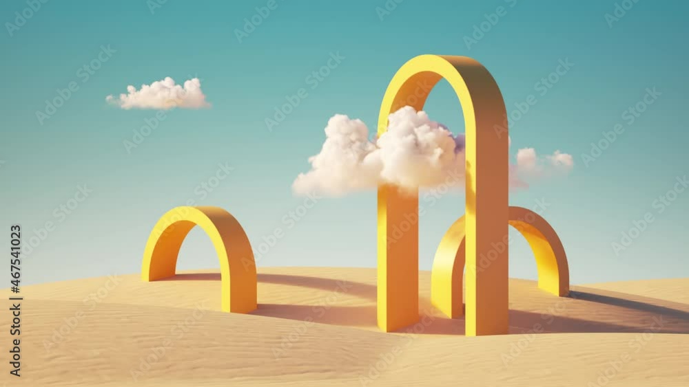 3d animation, Surreal desert landscape with yellow arches and white clouds in the blue sky. Modern minimal abstract background
