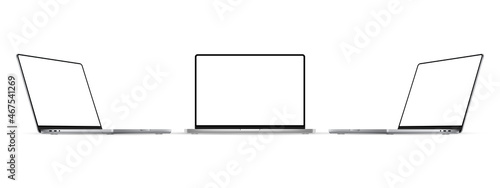 Modern Silver Laptops Mockups with Blank Screens, Front and Side View, Isolated on White Background. Vector Illustration