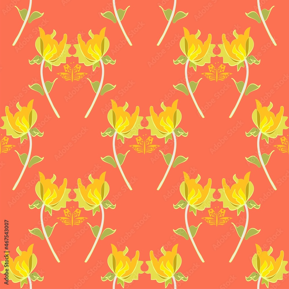 Pretty Pairs Of Flowers Vector Seamless Pattern Tile In Yellow And Coral Pink Pretty Pairs Of Flowers Vector Seamless Pattern Tile In Yellow And Coral Pink