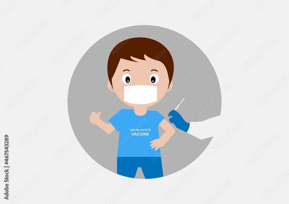Covid-19 vaccination for child age 5-11 years. Vector illustration of young boy and doctor hand injecting vaccine.