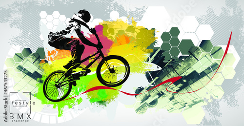 Fototapet Active man. BMX rider in abstract sport background, vector