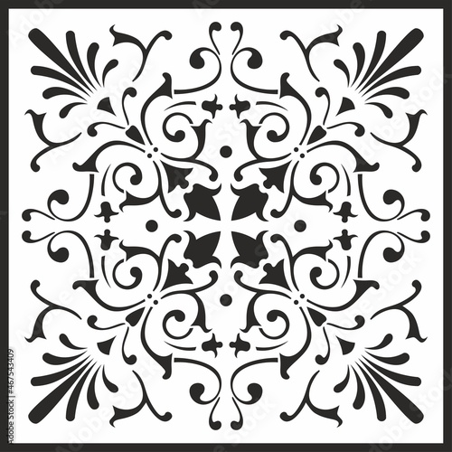 Vector classic monochrome square ornament. Black pattern in a square. Drawing of Greece and Ancient Rome. Floral drawing. For sandblasting, plotter and laser cutting
