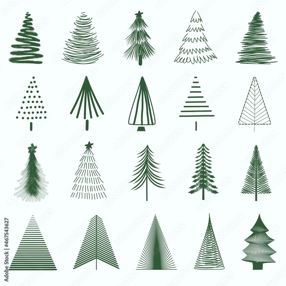 Obraz premium Set of hand-drawn sketch Christmas and New Year tree. Vector illustration.