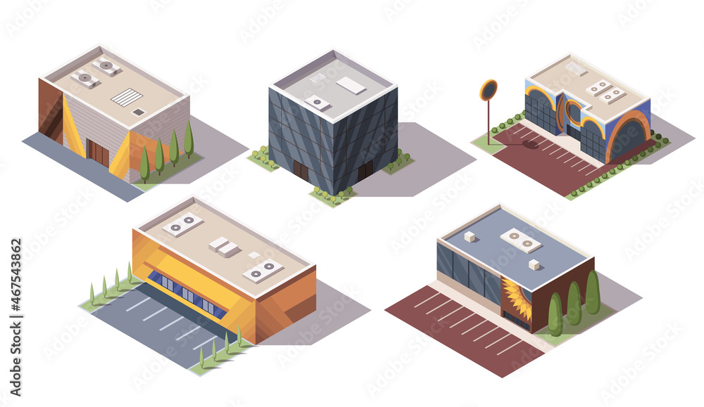 Set of isometric supermarkets or grocery stores building. isometric icons or infographic elements representing mall buildings. 3D shop markets for city infrastructure Set of isometric supermarkets or grocery stores building. isometric icons or infographic elements representing mall buildings. 3D shop markets for city infrastructure