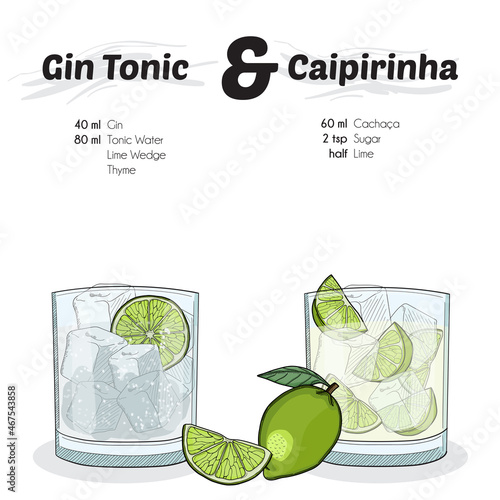 Hand Drawn Colorful Gin Tonic and Caipirinha Cocktail Drink Ingredients Recipe